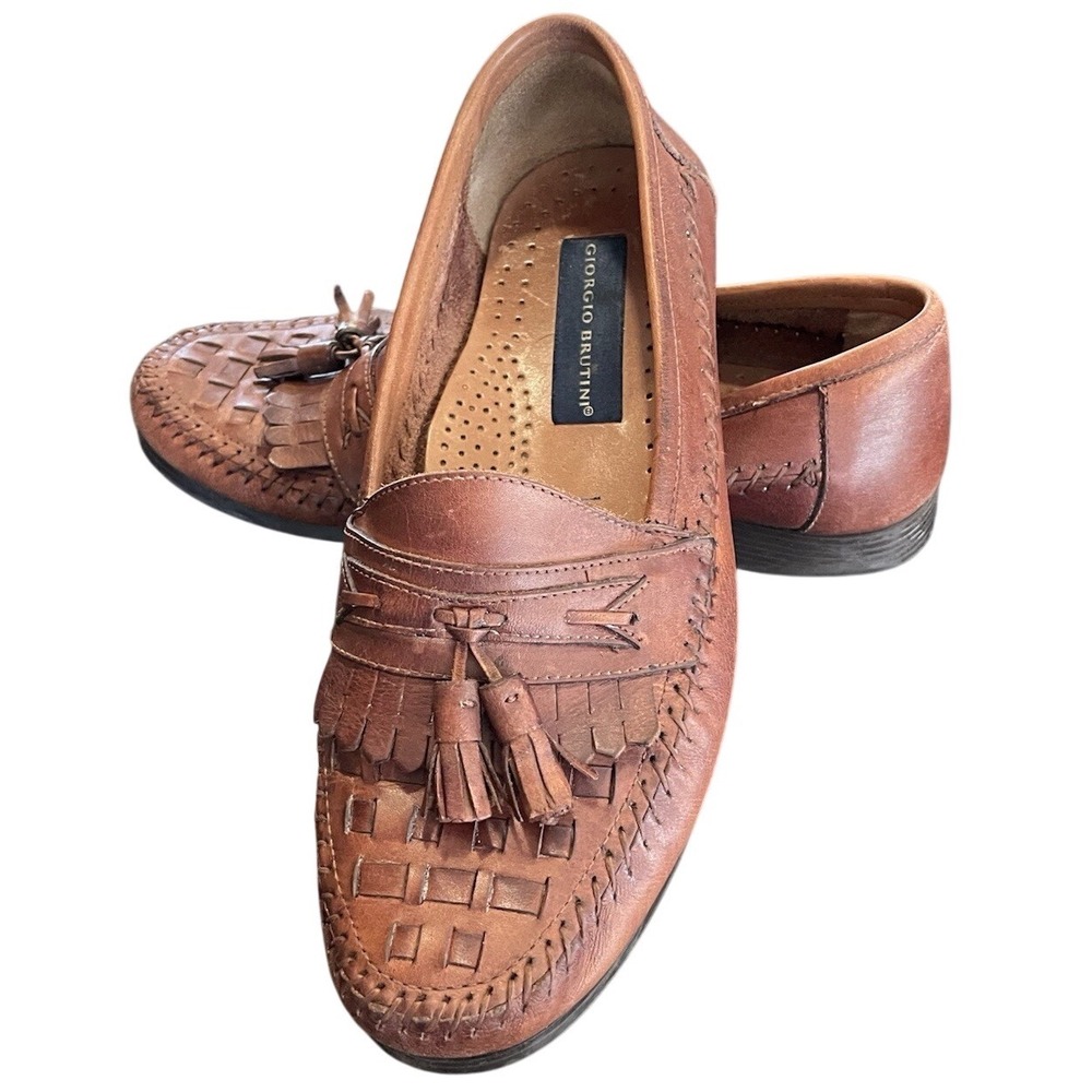 Giorgio Brutini Mens Brown Leather Woven Tassel Kiltie Loafers 7.5 D carer